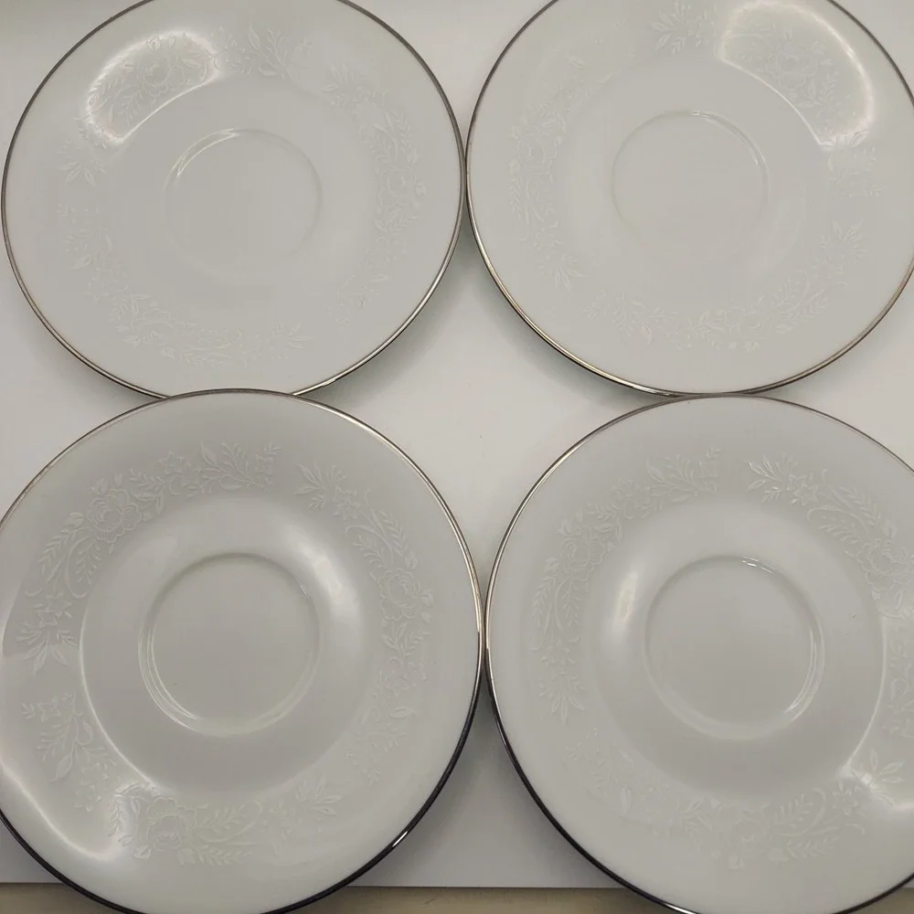 Noritake Reina 6450 Saucers Set of 4 Floral Embossed Platinum‎ Trim